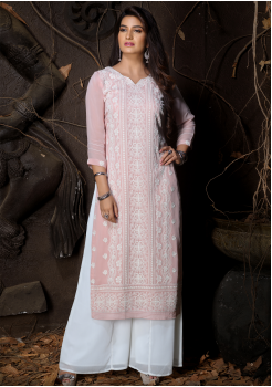 Pink Color Designer Georgette Straight Cut Kurti